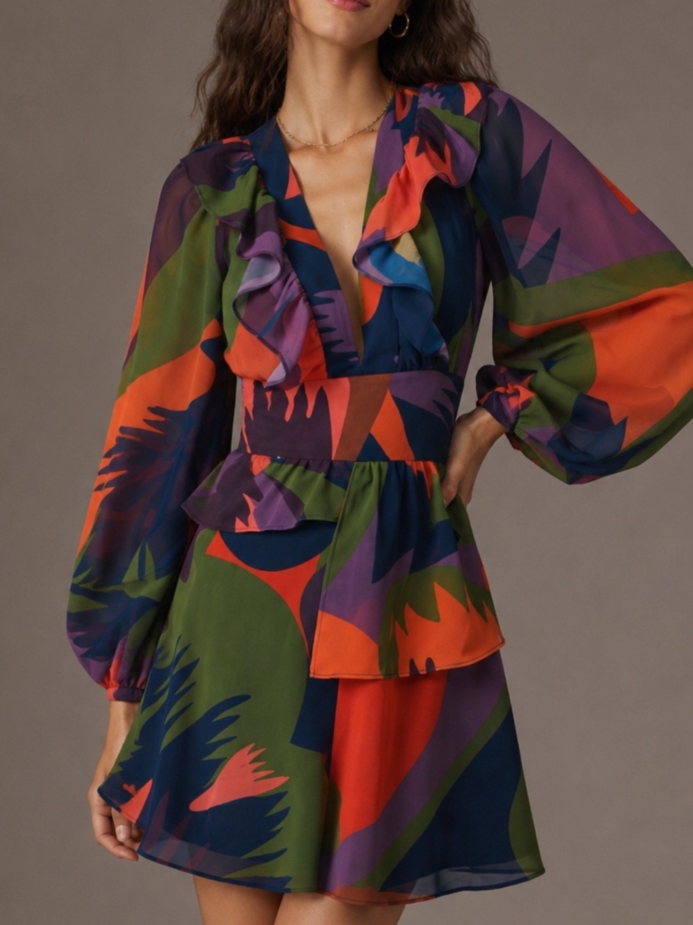 NWT Anthro Hutch Peplum Chiffon Vibrant abstract-print Fall Romper Dress, XS